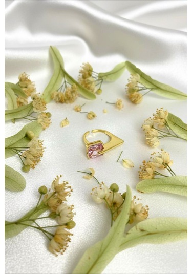 Pembe Baget Taşlı Gold Renkli Ayarlanabilir Çelik Yüzük Altın