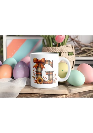 G Harfi Ekose Ve Sonbahar Temalı Kupa Bardak - Kişiye Özel Sıcak Tonlar Alfabe Kupa - Hediye Beyaz