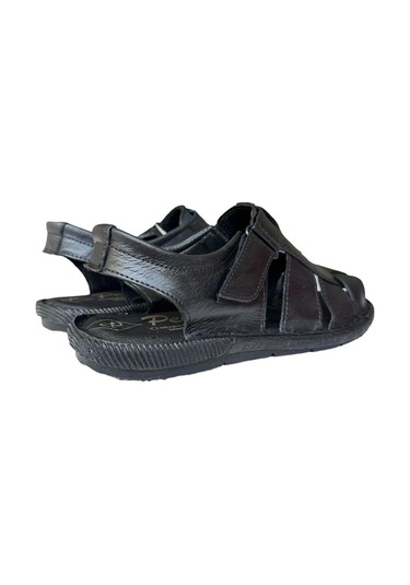 Erkek Hakiki Deri Cırtlı Sandalet Siyah-siyah Siyah