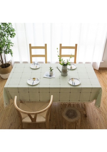 Kare Kafes İşlemeli Masa Örtüsü Saf Renk Pamuk Keten Püskül Dikdörtgen Sehpa Mat, Boyutu: 100x160cm Yeşil Yeşil