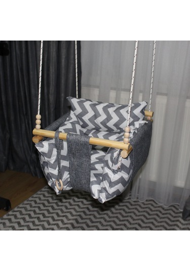 Ahşap Çocuk & Bebek Salıncağı Gri Renk Minder Yastık Ve Diş Halkalı Tavan Salıncak