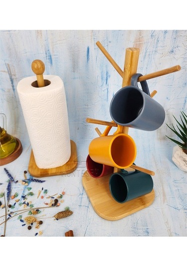 Ahşap Bambu Bardak Kupa Fincan Askılığı Kağıt Havluluk 2li Set