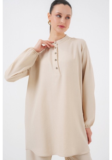 Bigdart 6678 Keten Tunik Pantolon İkili Takım - Bej