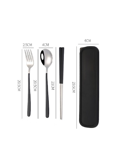 Sones 3 Adet / Set Taşınabilir Paslanmaz Çelik Sofra Takımı Yaratıcı Set Çubuk Kaşık Çatal Hediye, Renk: Siyah