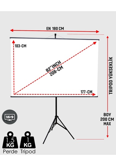 En180cm Boy105cm Projeksiyon Perdesi Tripodlu-ayaklı Taşınabilir
