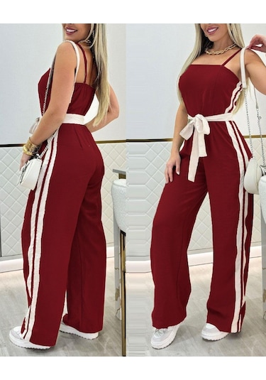 Ahes Shopping Kadın Ip Askılı Straplez Belden Kuşaklı Viskon Iki Iplik Tulum Bordo