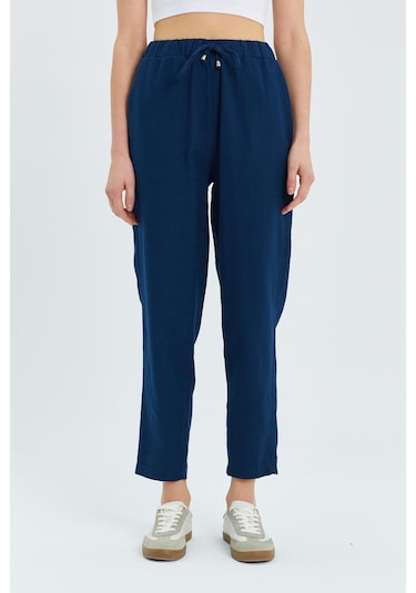 4566 Kadın Lastikli Bel Keten Pantolon Lacivert Lacivert