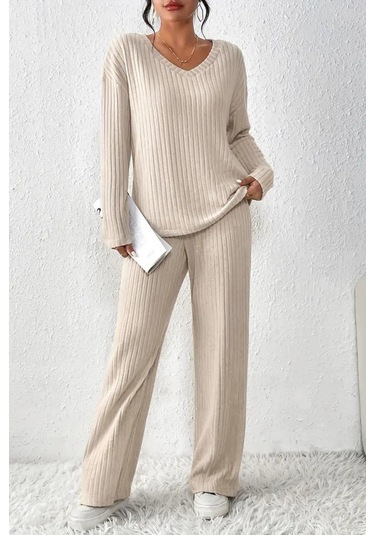 Unisex Bej Raporlu İnterlok Kumaş Eşofman Takımı Rahat Ev Ve Günlük Giyim Bej