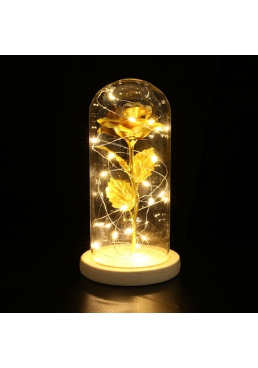 Geeksen Kurutulmuş Gül Led Işık Cam Kapak Ahşap Taban - Doğum Günü, Düğün, Sevgililer Hediye Altın