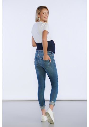 Bpf Lazer Detaylı Slim Fit Hamile Pantolon - Mavi