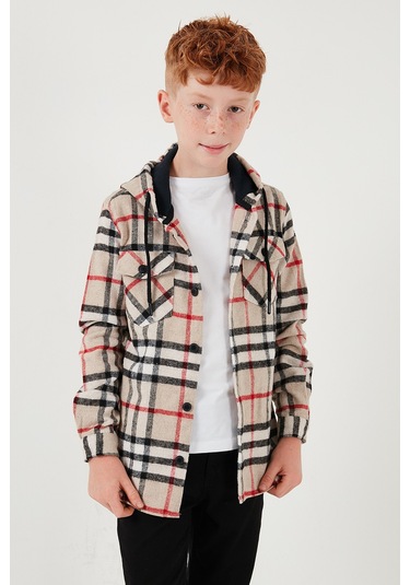 Lela Kapüşonlu Çift Cepli Ekoseli Oduncu Erkek Çocuk Gömlek Cf25W81786 Bej