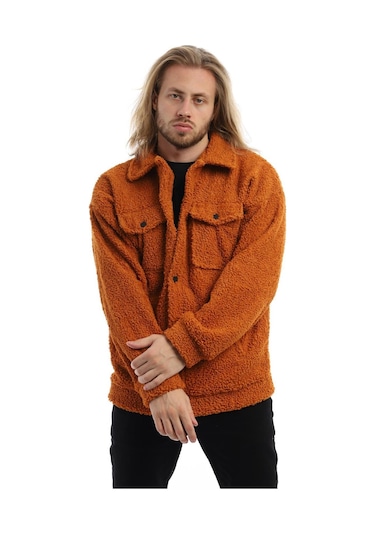 Erkek Kıvırcık Peluş Cıt Cıt Kapamalı Oversize Ceket Tarçın