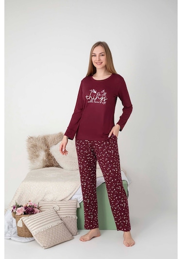 Kadın Bisiklet Yaka Düğmesiz Dökümlü Viskon Mevsimlik Uzun Kol Cepli Pijama Takımı Bordo
