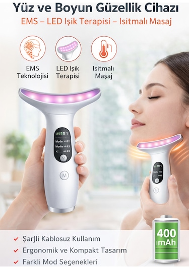 Ems Yüz Boyun Gerdirme Cihazı Isıtmalı Led Işık Terapi Masaj Aleti