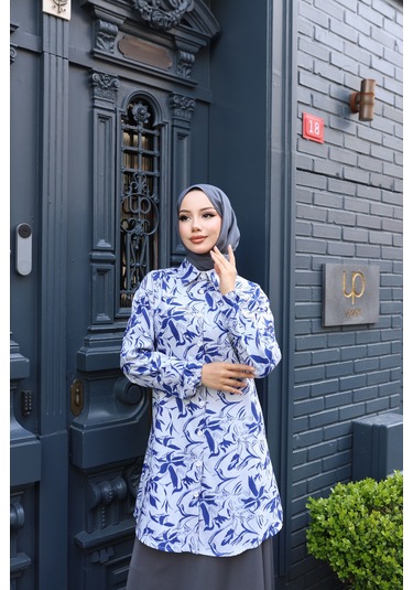 Kadın Mavi Çiçek Desenli Pamuk Dokuma Kumaş Tunik Gömlek Etekli Takım Tk1415 Mavi
