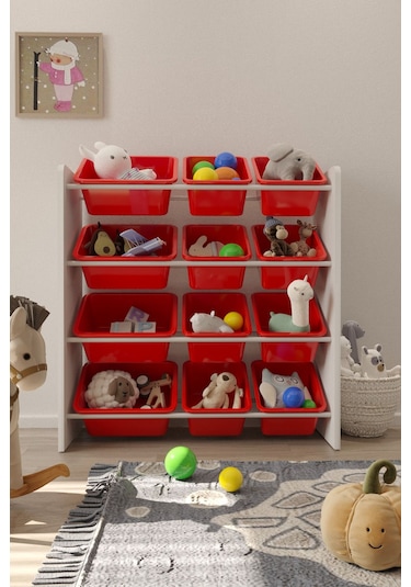 12 Sepetli Çok Amaçlı Oyuncak Dolabı Montessori Dolap Kırmızı