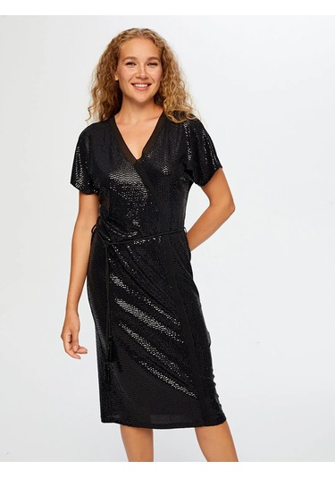 Faik Sönmez Şifon Garnili Kısa Kol V Yaka Payet Kadın Abiye Elbise Uw26aby014 Siyah