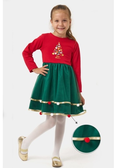 Kız Çocuk Eteği Saten Detaylı Ponponlu Yılbaşı Elbisesi Nbk-24907 Kırmızı