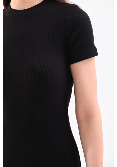 Siyah Kısa Kollu Diz Altı Fitilli Esnek Kalem Elbise - 130 Cm Siyah