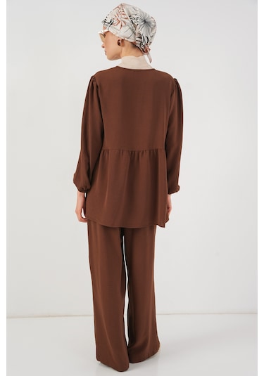 Kadın Önü Bağcıklı Tunik Pantolon İkili Takım 6744 - Kahverengi Kahverengi