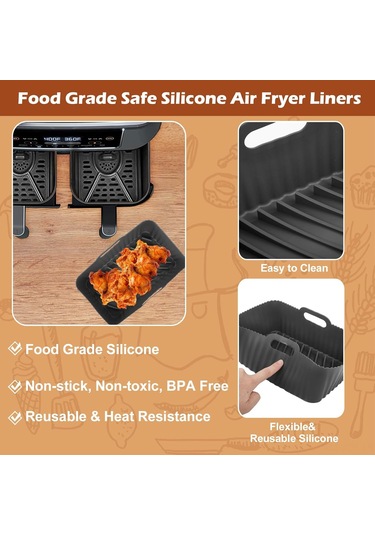 Youmex Ninja Foodi Dz201 Çift Hava Fritözü İçin Yeniden Kullanılabilir Silikon Liner - 8 Quart, Kaymaz - 2 Adet Siyah Siyah