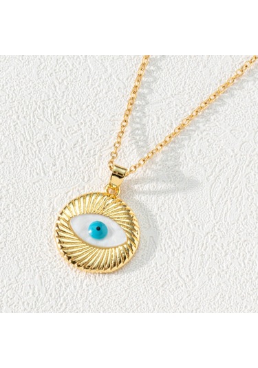 Takı: Titanyum Çelik Köprücük Kimi Zinciri, Renkli Zirkon Taşlı Göz Pandantif, Şeytan Gözü Kolye Açık Hardal Çok Renkli