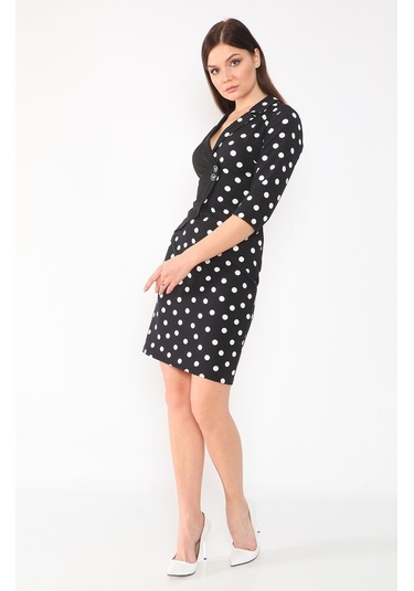 Etselements Kadın Siyah Puantiyeli Kruvaze Ve Düğmeli Ofis Elbise Siyah
