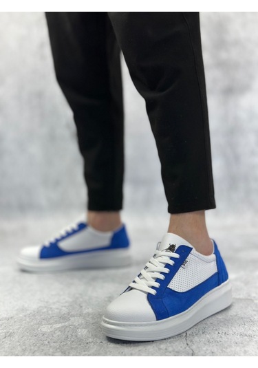 Ba0423 Boa Kalın Yüksek Taban Beyaz Mavi Bağcıklı Spor Erkek Ayakkabı Beyaz Mavi