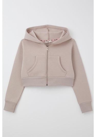 Breeze Kız Çocuk Crop Hırka Fermuarlı Kapüşonlu 8-14 Yaş, Vizon Vizon