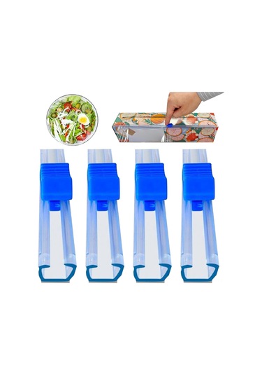 Xiyyadms 4'lü Tekrarlı Kullanım Plastik Folyo Kesici Kutusu - Çift Yönlü Otomatik Yapışkan - 13 İnç Folyo Rolle Uyumlu - Mutfak Gıda Paketleme Aracı Mavi