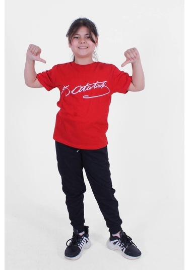 Fyk Kids Atatürk-ımza-bayrak Baskılı Unisexs Takım Kırmızı - İmza Kırmızı