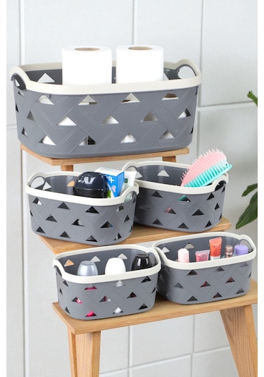 İronika 5li Dekoratif Deri Görünüm Dolap İçi Düzenleyici Saklama Kutusu Mutfak Banyo Organizer Sepet Antrasit Antrasit