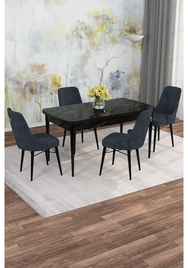 Mona Siyah Mermer 80x132 Açılabilir Mdf Masa Yemek Odası Takımı, Mutfak Takımı 4 Adet Sandalye Siyah Mermer - 4 Antrasit - Siyah Ayak