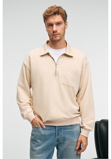 AUGUST Erkek %100 Pamuk Yarım Fermuarlı Yakalı Cepli Süs Etiketli Bej Sweatshirt