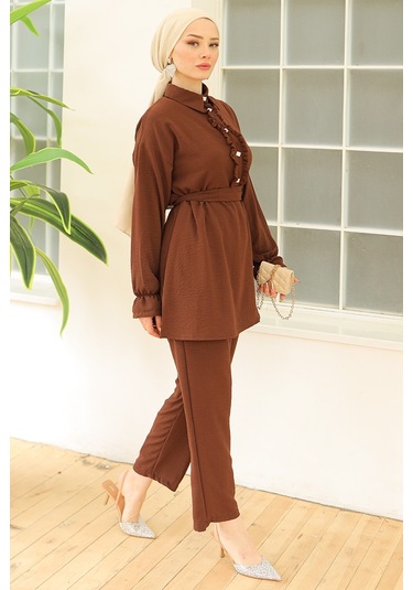 Fırfır Yaka Tunik Pantolon İkili Takım 930 - Kahve Kahverengi