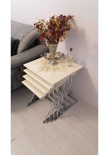 Arden Elite 4'lü Kare Zigon Sehpa Seti Gümüş Krom Ayak, Krem Mdf Beyaz