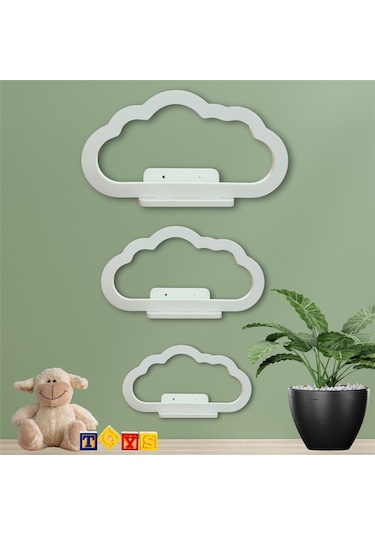 3lü Uçan Bulut Dekoratif Beyaz Ahşap Duvar Rafı Çocuk Odası Salon Mutfak Duvar Dekor Raf Seti Diğer