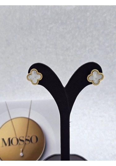 Beyaz Gold Renk Çelik Küpe Yoncalı Model Beyaz