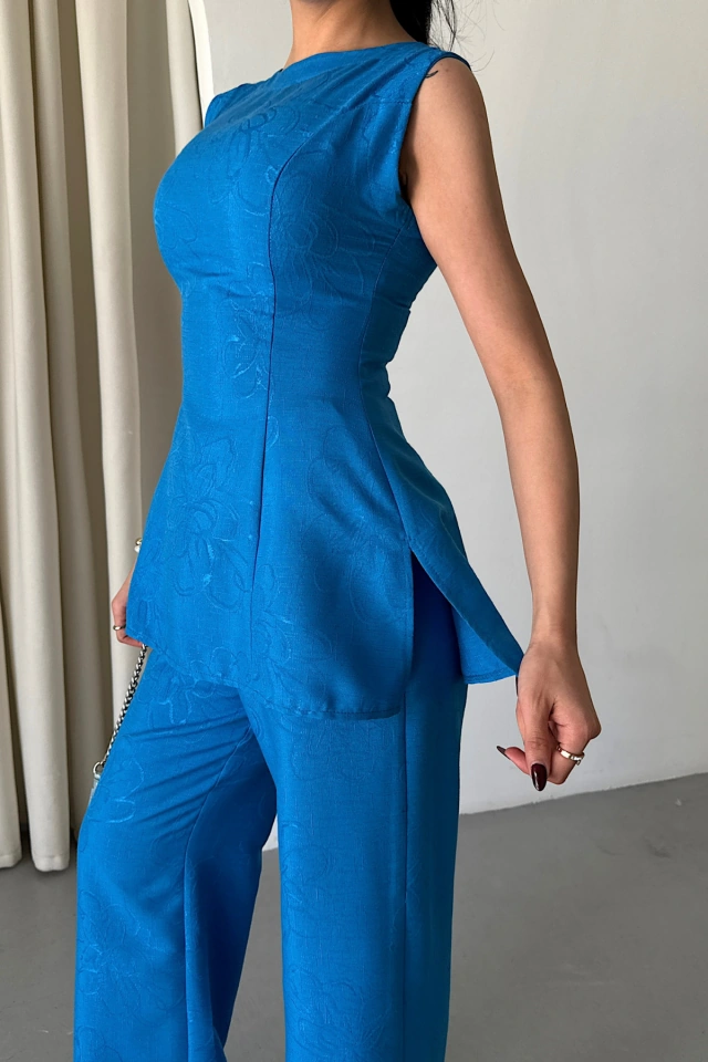 Emh Store Jakar Keten Kolsuz Bluz-pantolon Tk - Mavi Mavi