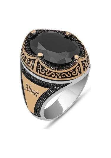 Yüzük Sanatı Oval Siyah Taşlı İsimli Harfli 925 Gümüş Erkek Yüzük