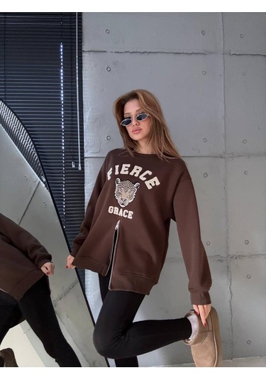 Fermuarlı Leopar Baskılı Oversize Siyah Sweat Kahve