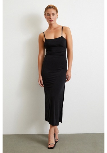 Yanı Büzgülü Askılı Elbise Yırtmaçlı Siyah Siyah