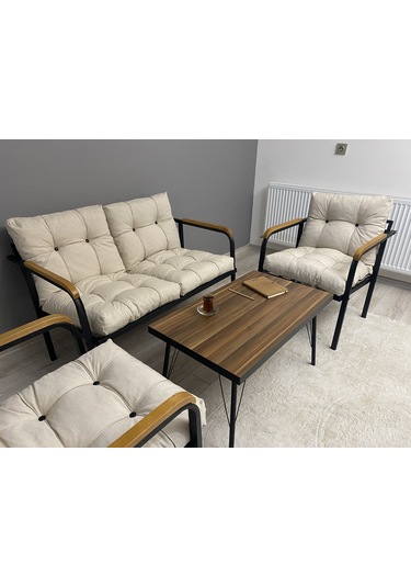 Modern Mars Balkon, Bahçe, Cafe - Metal Kanepe Koltuk Takımı - 2+1+1 + Sehpa Krem Modernsh33 Krem