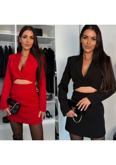 Kadın Atlas Kumaş Uzun Kollu V Yaka Blazer Kesim Göbek Dekolteli Mini Ceket Elbise Kırmızı