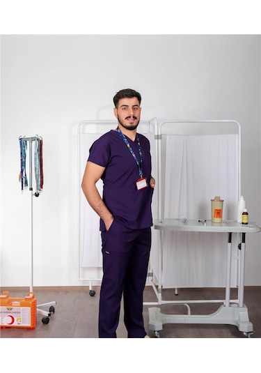 Likralı Cerrahi Forma Unisex Hemşire Doktor Sağlıkçı Forması Scrubs Üniforma Mor