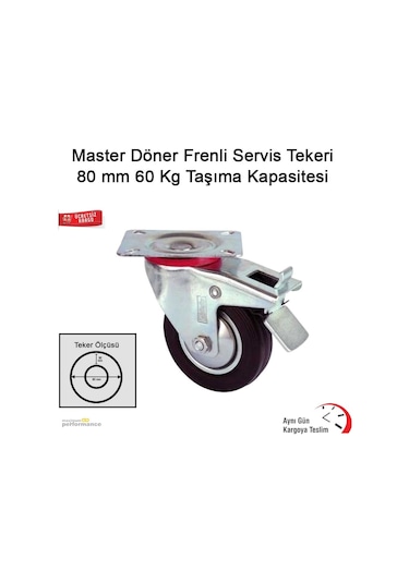 Master Döner Frenli Servis Tekeri 80 Mm 60 Kg Taşıma Kapasitesi