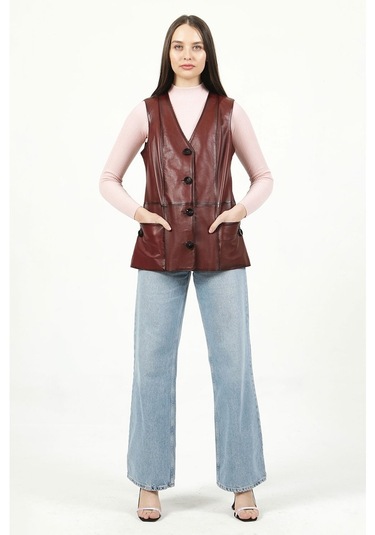 Dericlub Yb-2017 Gerçek Deri Kadın Yelek Bordo