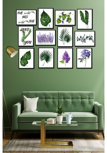 No77decor 12 Parça Yeşil Yaprak Tarzında Tablo Seti