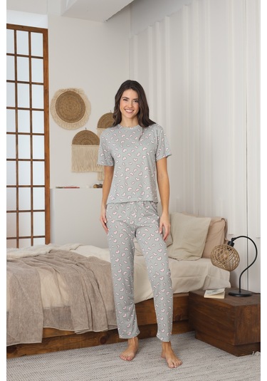Kadın Yazlık Kısa Kol Penye Süprem Kumaş Pijama Takımı Haki Kalpli