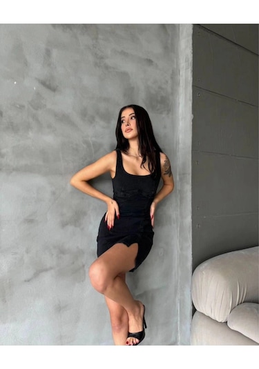 Modalima Minimal Askılı Fit Kesim Siyah Kot Denim Mini Elbise Çok Renkli